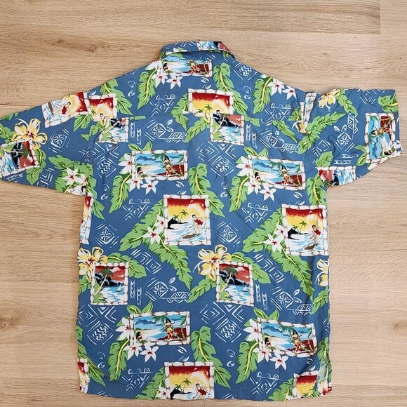 Vintage Utility Hawaiian Shirt Blue With Tropical Print & Beach Scenes Button-Up - Picture 4 of 6